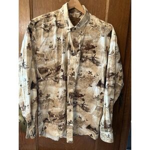 North River Shirt Men Large Brown Long Sleeve All Over Print Pheasant Quail Bird